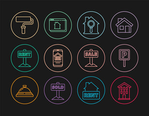 Set line House, Parking, Search house, Online real estate, Hanging sign with Rent, Paint roller brush, Sale and icon. Vector