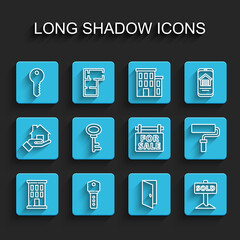 Set line House, key, Closed door, Hanging sign with text Sold, Paint roller brush and For Sale icon. Vector