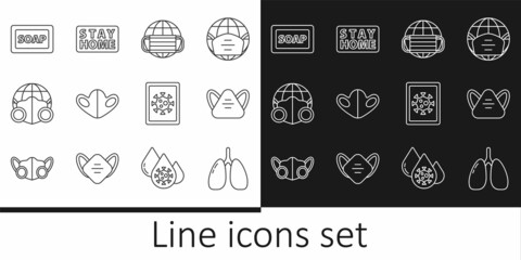 Set line Lungs, Medical protective mask, Earth with medical, Bar of soap, Virus statistics on monitor and Stay home icon. Vector