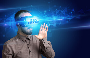 Businessman looking through Virtual Reality glasses, virtual security concept