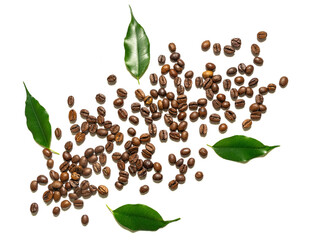 Handful of roasted coffee beans on white background	