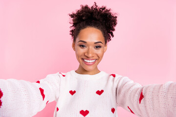 Photo of lovely curly hairdo millennial lady do selfie wear printed sweater isolated on pink background