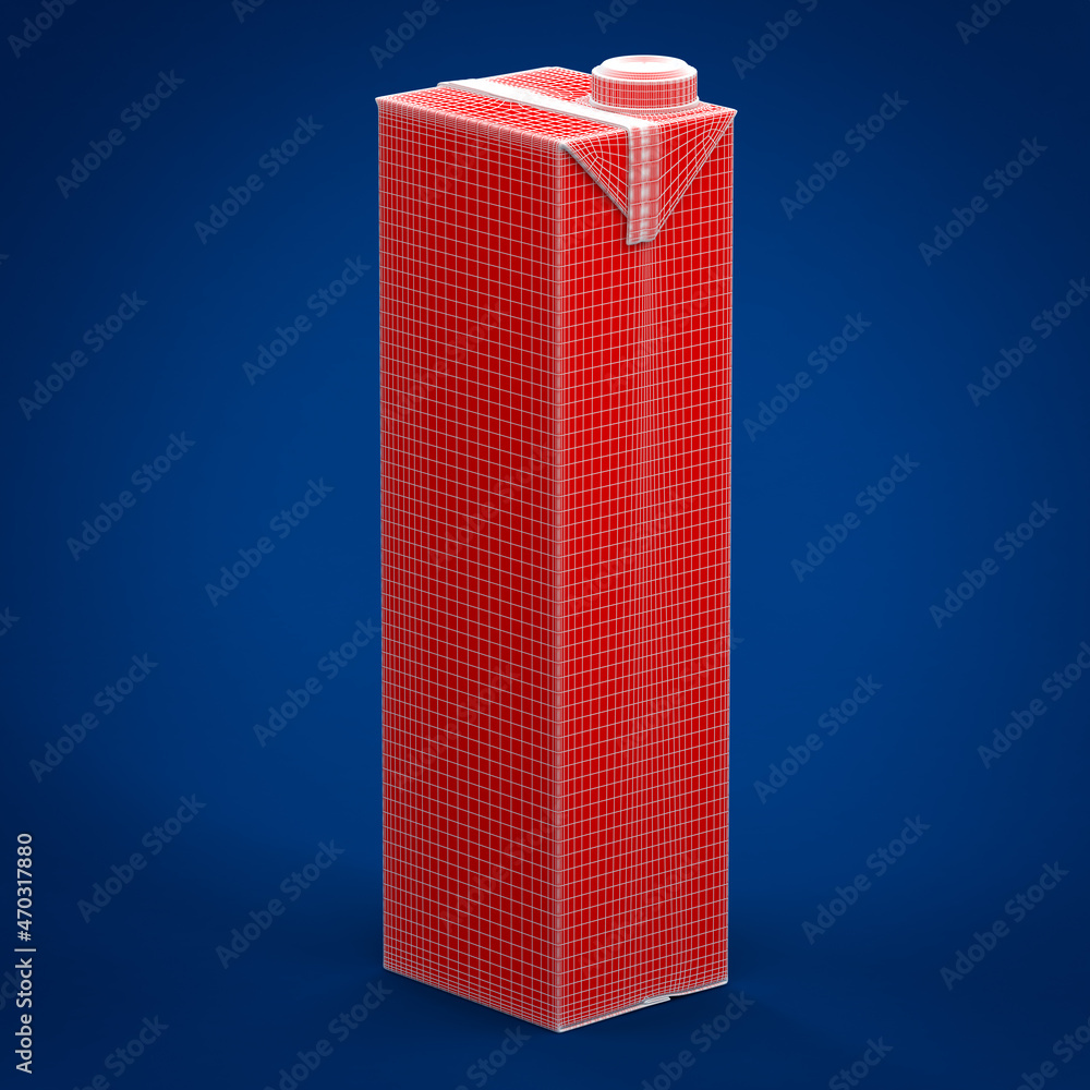 Wall mural 3d red mesh of milk box isolated on blue background. 3d illustration.