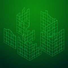 Destroyed building ruin and concrete, war destruction concept. Wireframe low poly mesh vector illustration.