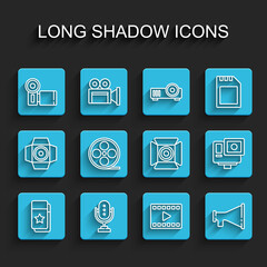 Set line Cinema ticket, Microphone, camera, Play Video, Megaphone, Film reel, Action extreme and Movie spotlight icon. Vector