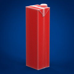 3D red mesh of milk box isolated on blue background. 3D Illustration.