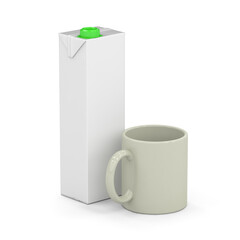 Juice or milk box with mug are isolated on white background. 3D Illustration.