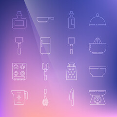 Set line Scales, Bowl, Citrus fruit juicer, Bottle of olive oil, Refrigerator, Kitchen hammer, Sauce bottle and Spatula icon. Vector