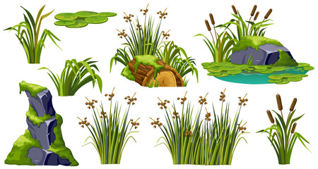 Logs, stumps, stone in moss. Marsh reed, grass, swamp cattails. Cartoon broken tree in lichen in swamp jungle. Rock in tropical damp forest. Set isolated vector element on white background. - obrazy, fototapety, plakaty