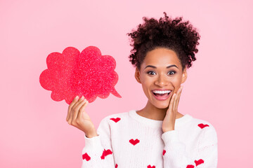 Photo of sweet curly hairdo young lady hold mind wear white sweater isolated on pink background