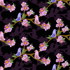 Seamless pattern with flowers and birds on a tree branch on a black isolated background. Simple background with abstract elements of flowers and birds. For the design of a children's room, fabrics.