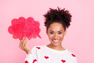 Photo of funky wavy hairdo millennial lady say mind wear white sweater isolated on pink background