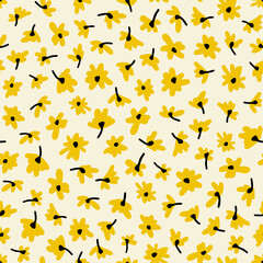 Cute ditsy daisy with stem seamless repeat pattern. Random placed, vector floral all over surface print on white background.