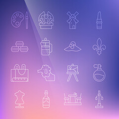 Set line Street light, Perfume, Fleur De Lys, Windmill, French press, Macaron cookie, Paint brush with palette and Elegant women hat icon. Vector