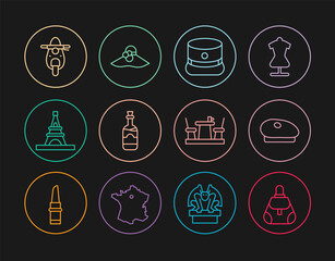 Set line Handbag, French beret, Kepi, Bottles of wine, Eiffel tower, Scooter, cafe and Elegant women hat icon. Vector