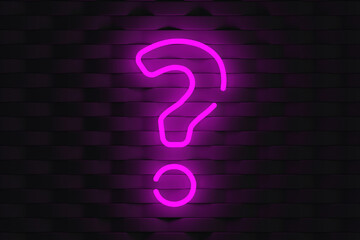 Glowing question mark of violet color on dark wall. Neon effect. Unknown and search for information. 3d render - obrazy, fototapety, plakaty