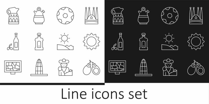 Set line Castanets, Sun, Football ball, Orujo, Bottle of olive oil, Sangria pitcher, Beach and icon. Vector