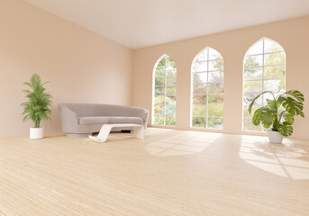 A bright room with a modern minimalist design.  3D illustration