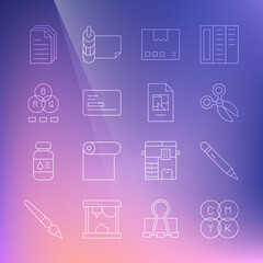 Set line CMYK color mixing, Pencil with eraser, Scissors, Carton cardboard box, Business, RGB, File document and icon. Vector