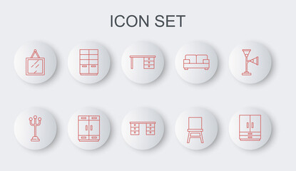 Set line Wardrobe, Coat stand, Office desk, Chair, Mirror, and icon. Vector