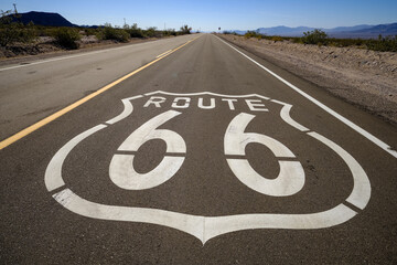 THe famous Route 66 emblem painted on Route 66 in the California Desert