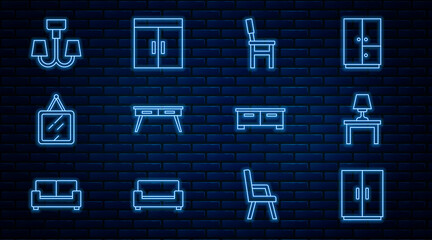 Set line Wardrobe, Table lamp on table, Chair, Office desk, Mirror, Chandelier, Chest of drawers and icon. Vector