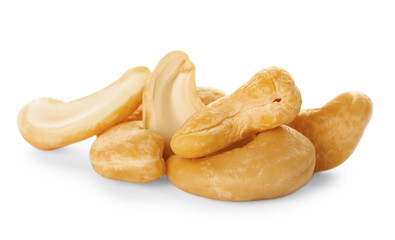 Pile of tasty organic cashew nuts isolated on white