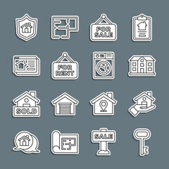 Set line House key, Realtor, Hanging sign with For Sale, Rent, Online real estate house, shield and Washer icon. Vector
