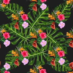 Fotobehang Tropical pink orchid flowers, monstera, banana palm leaves seamless pattern. Jungle foliage illustration. Exotic © MichiruKayo