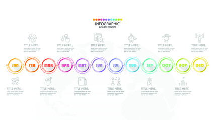 Timeline infographic with month or 12 steps, process or options, process chart, Used for process diagram, presentations, workflow layout, flow chart, infograph. Vector eps10 illustration.