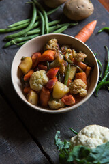 Cooked mixed vegetable. Top view, selective focus.