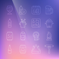 Set line Sausage on the fork, Bottle opener, Ice bucket, Saint Patricks day calendar, Beer bottles ice, Plastic beer, Glass of and menu icon. Vector