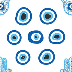 Evil eye seamless pattern. Magic, witchcraft, occult symbol, line art collection. Hamsa eye, magical eye, decor element.
