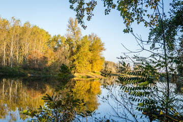 Fototapeta premium Begec, Serbia - October 30. 2021: Autumn panorama on the artificial lake Begecka jama, near the city of Novi Sad. 