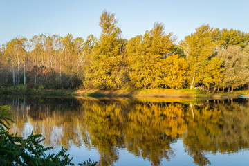 Begec, Serbia - October 30. 2021: Autumn panorama on the artificial lake Begecka jama, near the city of Novi Sad. 
