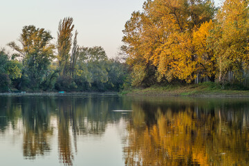 Fototapeta na wymiar Begec, Serbia - October 30. 2021: Autumn panorama on the artificial lake Begecka jama, near the city of Novi Sad. 