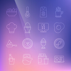 Set line Online ordering and delivery, Served fish on plate, Scrambled eggs, Salt, Chicken stand, Chef hat, Nachos and Cafe restaurant location icon. Vector