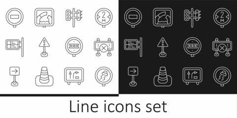 Set line Slippery road traffic, Road barrier, Traffic light, Exclamation mark in triangle, ublic transport board, Stop sign, Railroad crossing and Drawbridge ahead icon. Vector