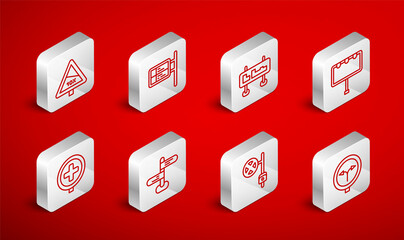 Set line Fork in the road, ublic transport board, Road traffic sign, Billboard with lights, Stop camera, Steep ascent and descent, and Hospital icon. Vector