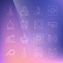 Set line Pig, Date fruit, Ramadan cannon, Muslim man prays, drum, Mosque, Burning candle and Holy book of Koran icon. Vector