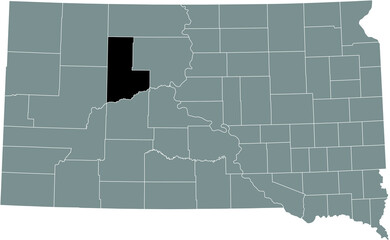 Black highlighted location map of the Ziebach County inside gray administrative map of the Federal State of South Dakota, USA