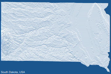 Topographic technical drawing relief map of the Federal State of South Dakota, USA with white contour lines on blue background