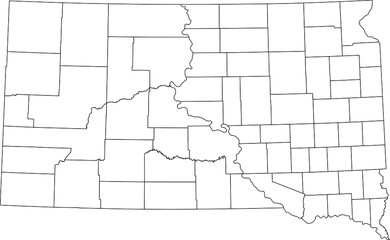 White blank vector administrative map of the Federal State of South Dakota, USA with black borders of its counties