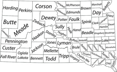 White vector administrative map of the Federal State of South Dakota, USA with black borders and name tags of its counties
