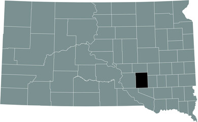 Black highlighted location map of the Aurora County inside gray administrative map of the Federal State of South Dakota, USA