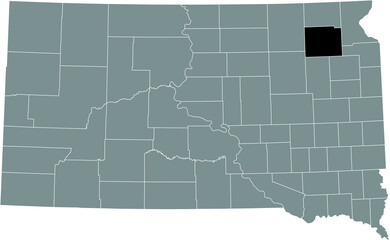 Black highlighted location map of the Day County inside gray administrative map of the Federal State of South Dakota, USA
