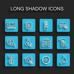 Set line Dollar plant, House with percant discount, Stacks paper money cash, Gold bars, Money in hand, bag, Finance document and Briefcase icon. Vector