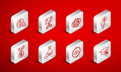 Set line Graduation cap and coin, Scissors cutting credit card, Money exchange, Business man planning mind, Gold bars, Coin money with dollar, hand and Euro plant icon. Vector