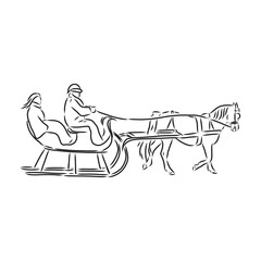 Doodles of old sleigh. Hand drawn vector illustration. Realistic vintage sketches. Set of black contour and color elements isolated on white. For winter design, decor, prints, cards, stickers, poster.