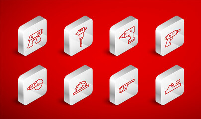 Set line Wood plane tool, Construction jackhammer, Electric cordless screwdriver, Reciprocating saw, Paint spray gun, circular and Angle grinder icon. Vector